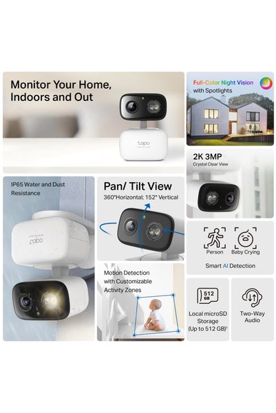TP-LINK Tapo C216 | İç ve Dış Mekan Wi-Fi Güvenlik Kamerası | 2K 3MP Netlik | 360° Pan/Tilt Hareketl | Renkli Gece Görüşü | Aı Bebek Ağlaması ve Kişi Algılama | Akıllı Takip | Bulut/sd Kart Depolama