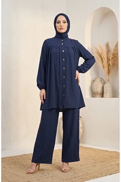sefamerve Hakim Collar Buttoned Hijab Double Suit 2295-02 Navy Blue