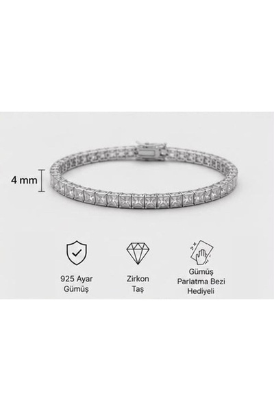 ASİL SİLVER ONLİNE 925 AYAR GÜMÜŞ 4 MM PRENSES KESİM KARE TAŞLI SU YOLU TENİS...