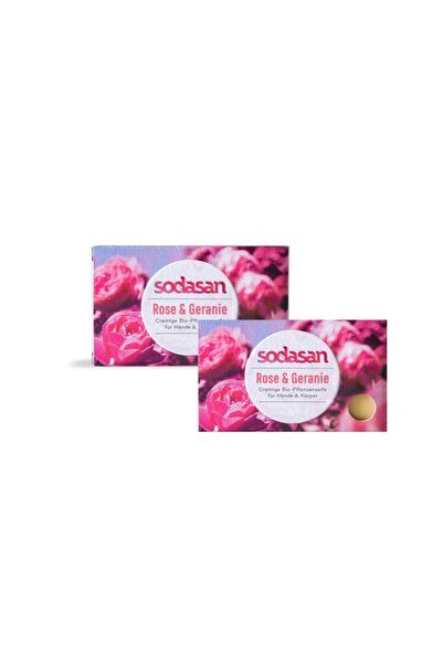 Sodasan Pack of 2 x Organic soap with roses and geranium, 100g