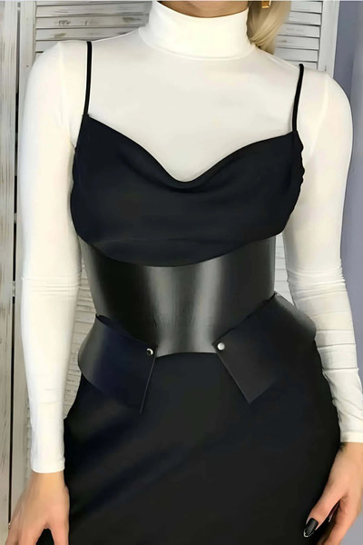 Angels Passion Wide Black Faux Leather Corset Belt Body Shaper