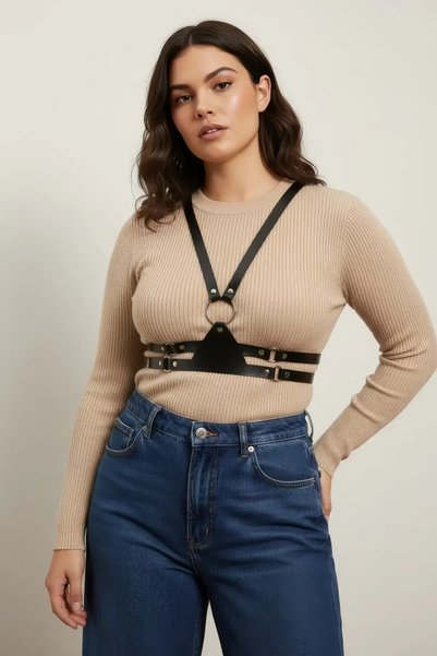 Angels Passion Plus Size Black Women's Corset Belt with Shoulder Straps Leather Combination Complementary