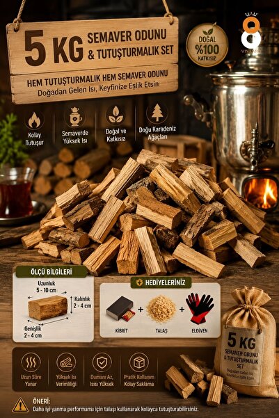 Win Ovro 5 KG Semaver Odunu & Tutuşturmalık Odun Seti | Kibrit + Talaş + Eldi...