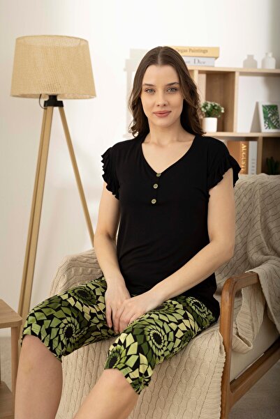 Miss Meryem Siyah Ring Viskon Kısa Kol Kapri Pijama Takım