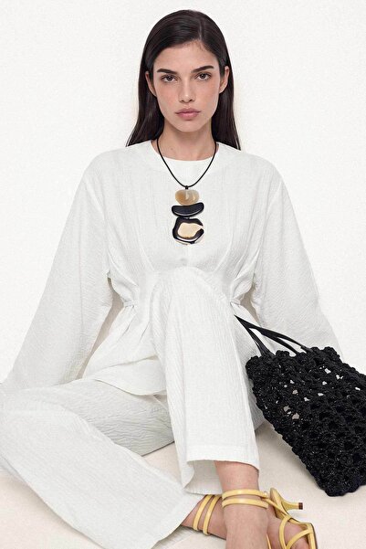 Hooopstore Pile Detailed Ecru Blouse and Pants Set