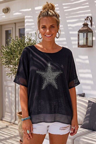 Chiccy Black Pool Collar Short Sleeve Sequined Sleeves and Hem with Mesh Deta...
