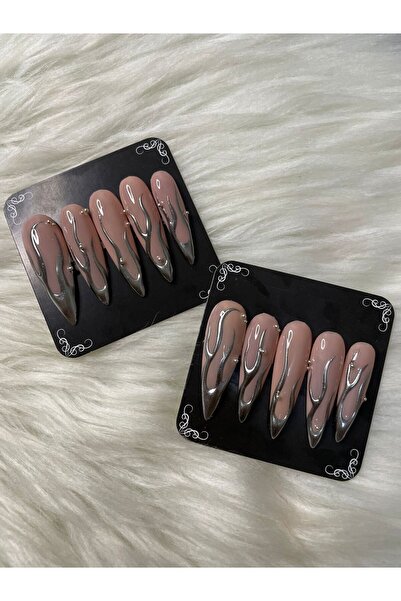 Shades On Nails Handmade Press-On Nails Set - Size XL Futuristic Liquid Metal...