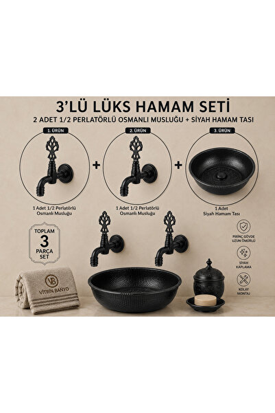 vb vitrinbanyo 2 Adet 1/2 Perlatörlü Osmanlı Musluğu Siyah + Siyah Hamam Tası...