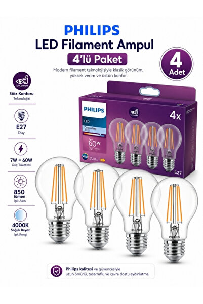 Philips LED Classic Şeffaf Filament Ampul 7W 850 Lumen 4000K Gunışığı Işık A6...