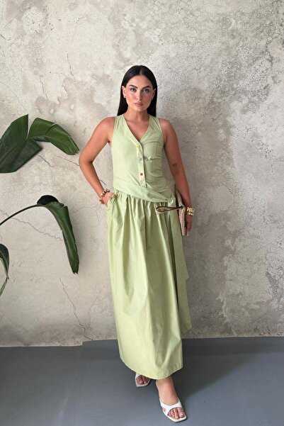 Elbee Fashion Woman فستان أخضر زيتوني بحزام جانبي وتفاصيل أزرار