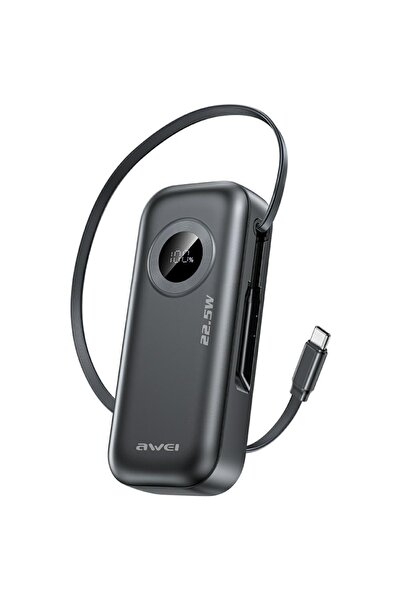 AWEI PA-9 10000mAh 22.5W Power Bank USB-C cu cablu încorporat, afișaj LED, negru