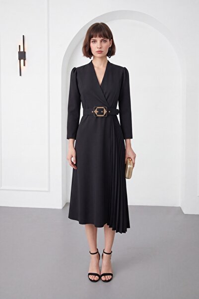 Lafaba Women's Black Double-Breasted Collar, Pleated Sleeves, Midi Event Dress