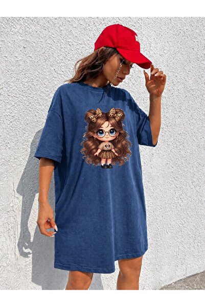 classy moda Γυναικείο έξτρα μακρύ μπλουζάκι με στάμπα Cute Girl με γυαλιά και...
