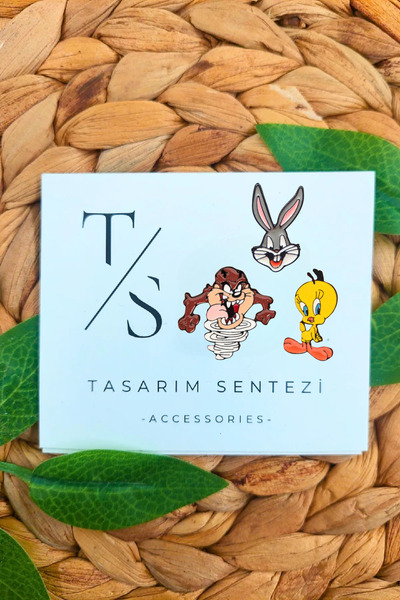 Tasarım Sentezi Rozet Metal Broş 3'lü Bugs Bunny Tweety Tazmanya Canavari Çiz...