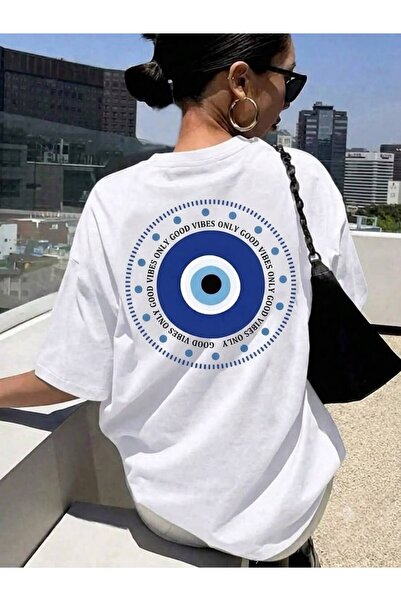 LELVANİ Women's Good Vibes Only Evil Eye Printed Crewneck T-Shirt