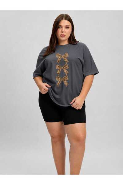 ZAVIXO Plus Size Bow Printed Oversize Women's T-Shirt