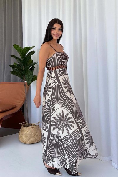 Mine Tan Butik Rochie lungă de damă cu model din mărgele