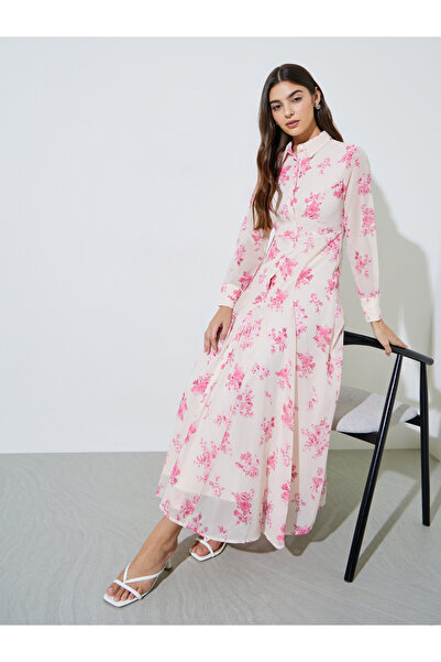 Styli Off-White Floral Print Long Sleeves Shirt Maxi Dress