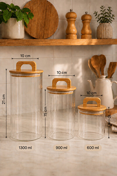 Fhilli Aria - 3'lü Borosilikat Bambu Kapaklı 1300- 900 -600 ml Kavanoz Takımı Çizgili