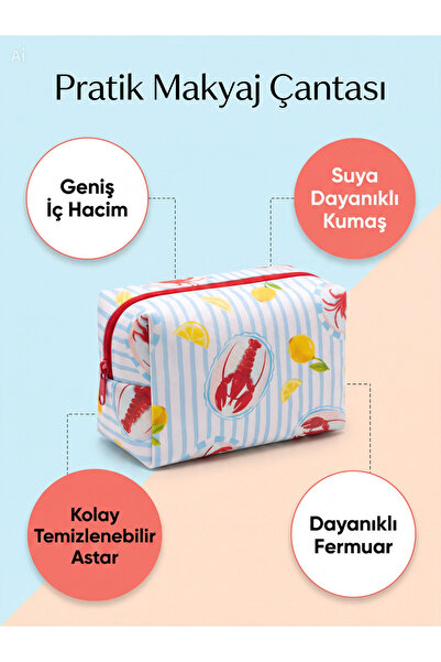 MIINE Büyük Yengeç Çizgili, Pratik Makyaj ve Kozmetik Çantası