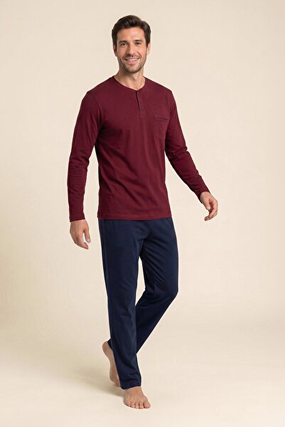 BAYKAR Men's Cotton Crew Neck Long Sleeve Pajama Set 9809 Claret Red