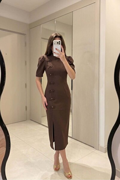 Gizem Ecemiş Osvaldo Kahve Çin İlikli Balon Kol Elbise