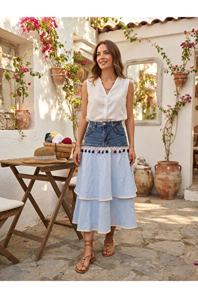Genel Markalar Çatı Katı Vintage Çok Katlı Püsküllü & Fisto İşlemeli Denim De...