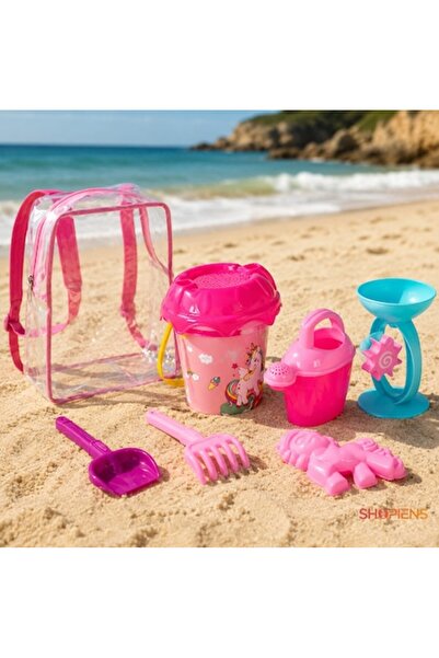 SHOPIENS Set de jucării de plajă Unicorn Roz cu găleată, capac, sită, rucsac ...