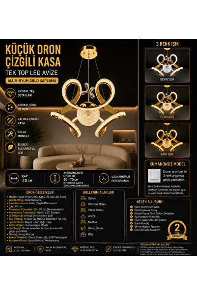 Genel Markalar Kalın Kasa Çizgili Dron TEK Toplu Gold LED Avize - 3 Renk Aydı...