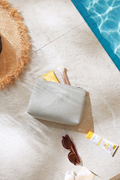 Ocean Home Textile Termal Yalıtımlı Güneşten Koruyan Su İtici Leke Tutmaz Gri Jüt Keten Makyaj İlaç Çantası 23x16x7