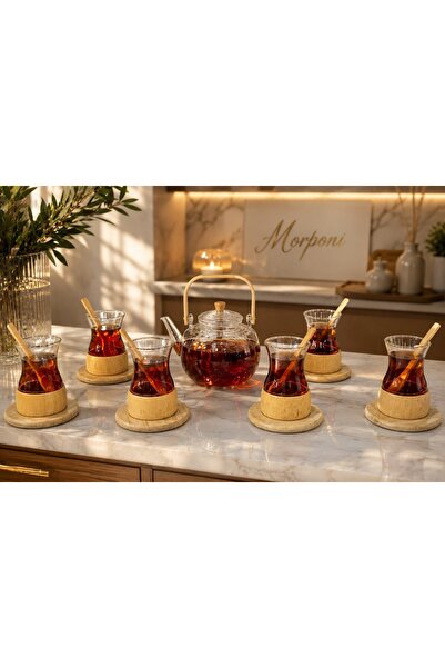 morponi Glass Teapot with Bamboo Stand & Tea Cup Set for 6 People - Presentat...