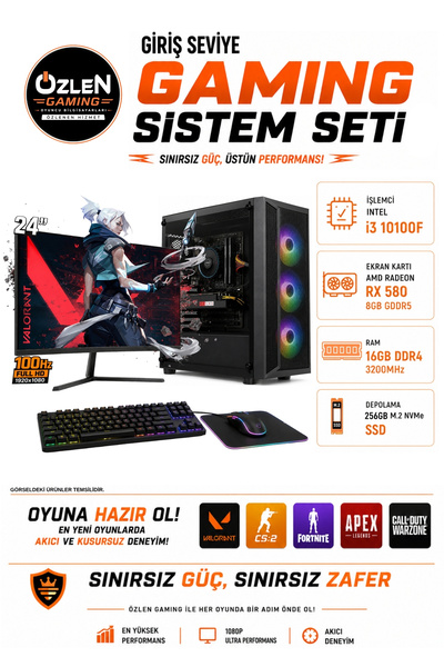 ÖZLEN X24 İ3 10100F RX 580 8GB 16GB RAM 256GB M.2 SSD 24'' Full HD 100Hz Oyun...