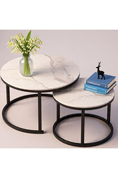 Generic Brand Modern 2-Piece Round Nesting Coffee Table Set Marble Top Metal ...
