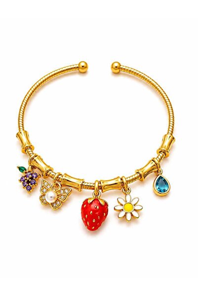 YSX JEWELRY سوار نسائي من الفولاذ باللون الذهبي مع حلية متدلية