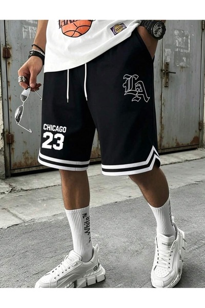 FS CABİN Women's *Men's Streetwear Printed Basketball Shorts Oversized Black Sports Shorts
