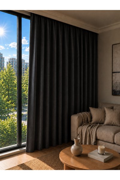 Perde Pendik Dark Blackout Anthracite Gray Blackout Background Curtain Sunlight-Proof Non-Pleated Single Panel Tulle Curtain Rustic