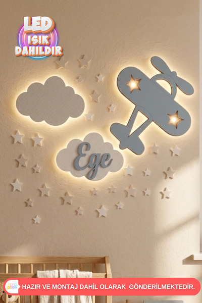 UmayBabyDekor 3’LüSet 2 Bulut 1 Helikopter ve Kişiye Özel Çocuk Duvar Dekoras...
