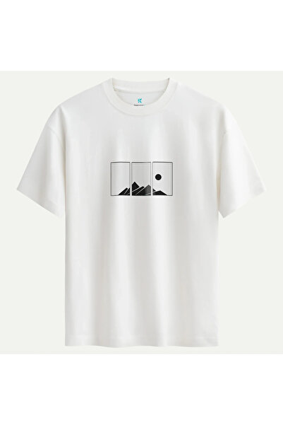 Oversize %100 Pamuk Unisex Minimal Horizon Baskılı Tişört - Beyaz