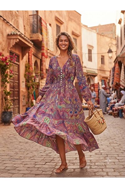 moda gk Boncuk/Nakış Detaylı Parlak Desenli Bohem Pamuk/İpek Elbise