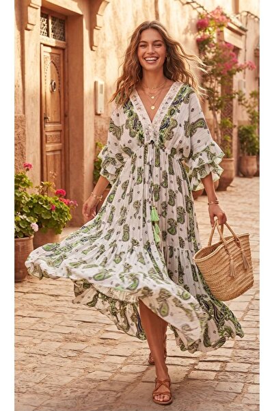 moda gk Boncuk/Nakış Detaylı Parlak Desenli Bohem Pamuk/İpek Elbise