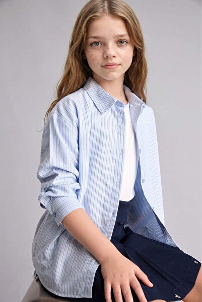 DeFacto Regular Fit Oxford Long Sleeve Striped Light Blue Shirt Girls I1286A8...