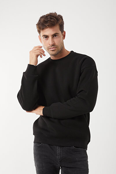 ZAMAS COLLECTİON Erkek Siyah Oversize Düşük Omuz Bisiklet Yaka Uzun Kol Basic...