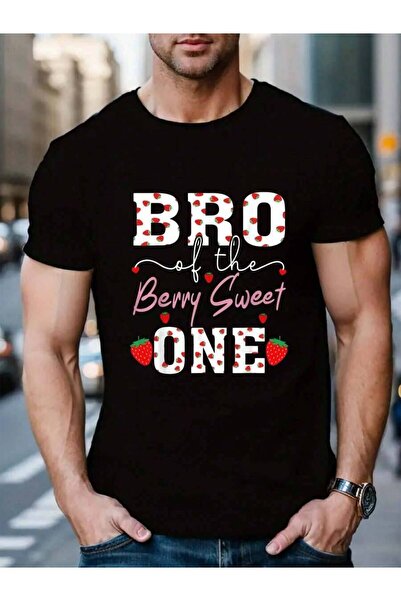 23ERVA تي شيرت رجالي أسود من القطن 100% من Bro Of The Berry Sweet One Strawbe...