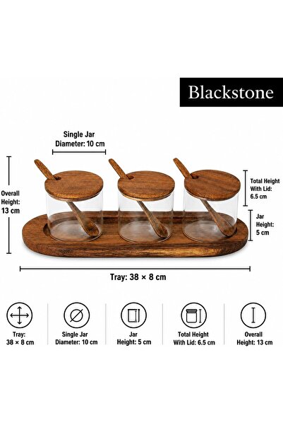 Blackstone Walnut Wood Condiment Jar Set with Tray, 3 Glass Jars with Wooden Lids and Spoons 10-Piece Set