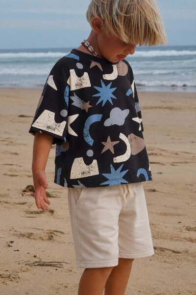 Cigit Patterned Capri T-Shirt Set 2-12 Years Black