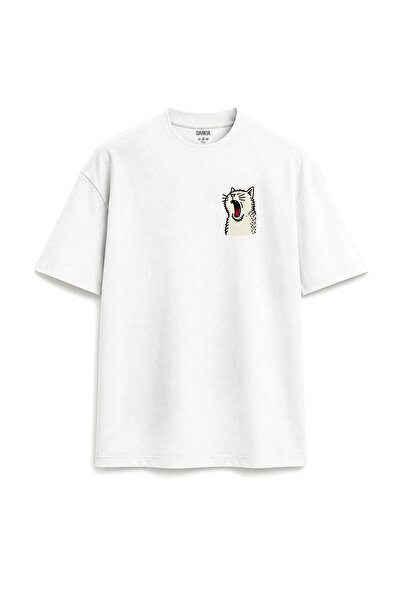Darkia Stretching Sleepy Cat Minimal Printed Design Relax Fit White T-Shirt