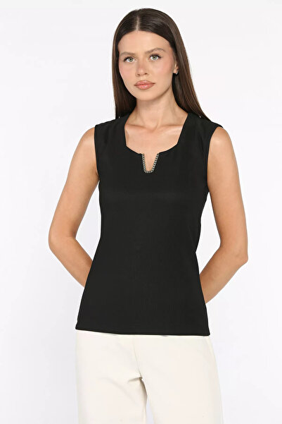 Aryena Black Women's Ottoman Blouse with Gold Buckle Detail