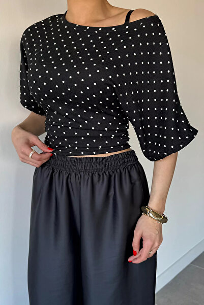 Aryena Black Women's Side Gathered Polka Dot Blouse