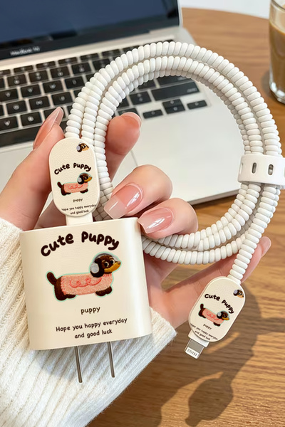 WANNA PROTECT iPhone 18W/20W/25W Deri Görünümlü Cute Puppy Şarj Aleti Koruyuc...