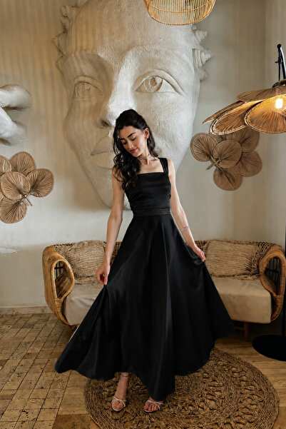 Nika Fashion Siyah Saten Aura Elbise